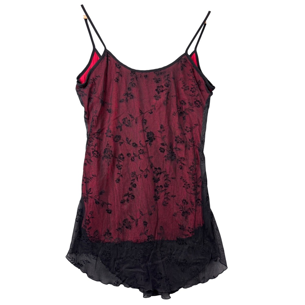 Gilligan & O'Malley Y2K Red Black Mesh Floral Camisole Top Small Slip mini dress